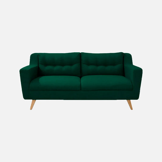 Sofá Loto visto de frente en tela verde con patas de madera clara y tapizado con capitoné, ideal para salas y habitaciones - All Star Muebles Colombia