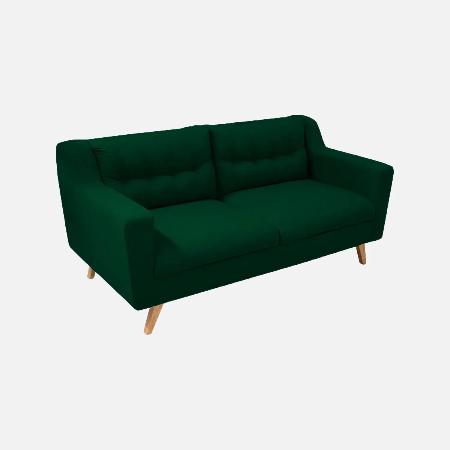 Sofá Loto visto en perspectiva en tela verde con patas de madera clara y tapizado con capitoné, ideal para salas y habitaciones - All Star Muebles 