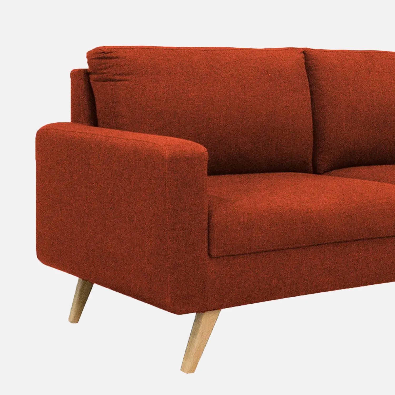 Sofá Río en tela color terracota, diseño moderno con patas en madera clara – ideal para salas pequeñas o espacios contemporáneos - All Star muebles Colombia