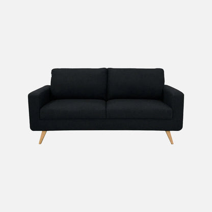 Sofá Río en tela color negro, diseño moderno con patas en madera clara – ideal para salas pequeñas o espacios contemporáneos - All Star muebles Colombia